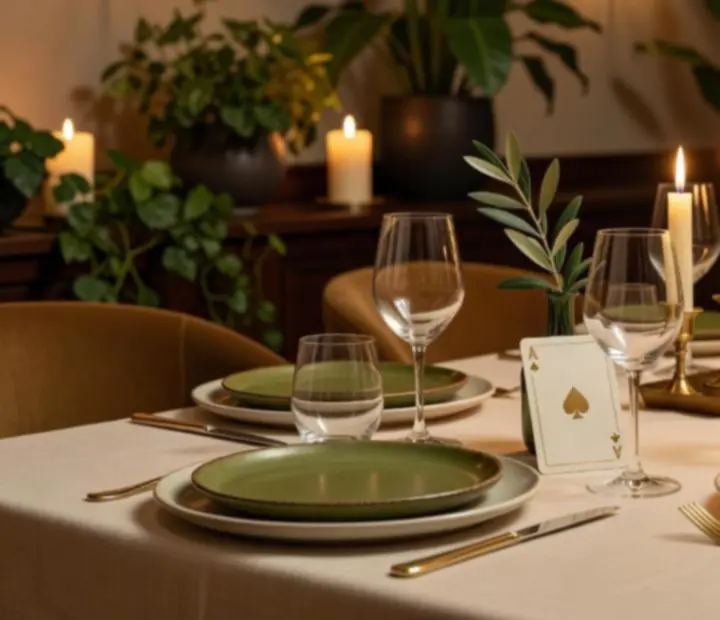 Candlelit private dining room with warm lighting, linen, and brass details