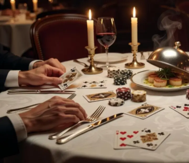 Warm supper club atmosphere with subtle card details