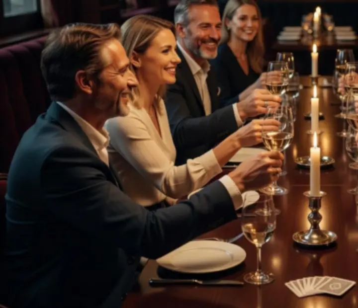 Executives gathered around a long candlelit supper table at High Card Kitchen, with subtle playing cards as décor.