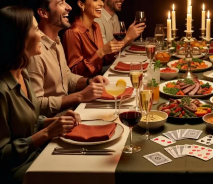 Long candlelit supper table with warm evening light