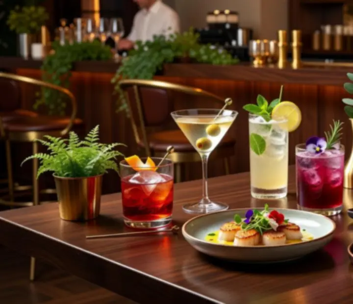 Cocktails, wine glasses and mocktails arranged together as pairing options.