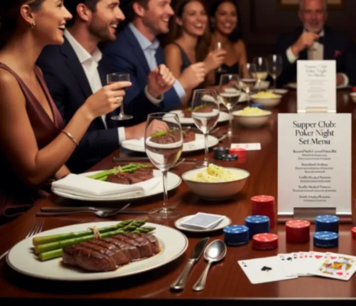 A set menu card placed beside symbolic poker chips at a dining table.