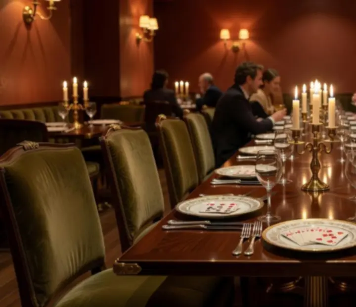 An elegantly set private dining table at High Card Kitchen with candlelight and subtle card details