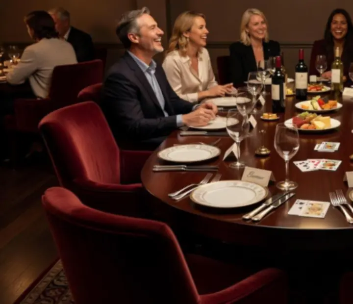 A private dining room with a long table set for a group Supper Poker Evening