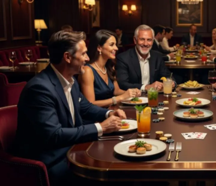 Guests enjoying a relaxed, hosted card-table experience with symbolic chips at a private supper night