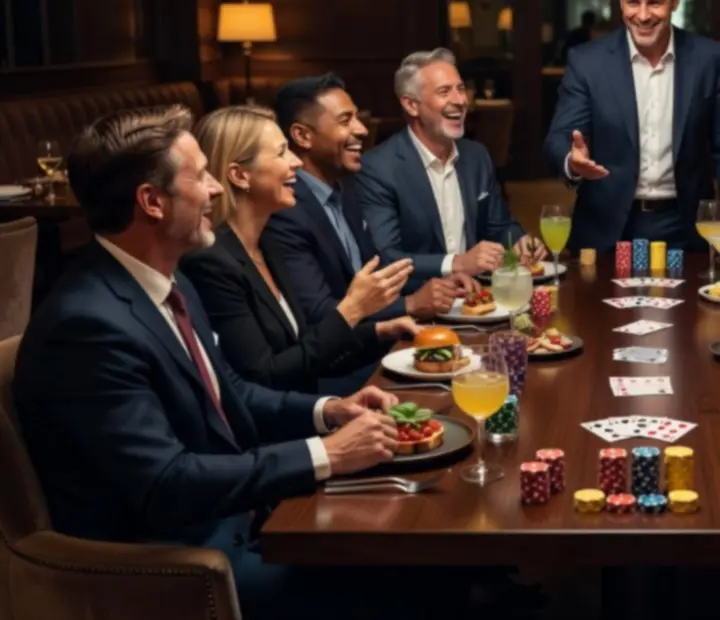 Colleagues enjoying a relaxed, hosted poker-style table with symbolic chips and cocktails.