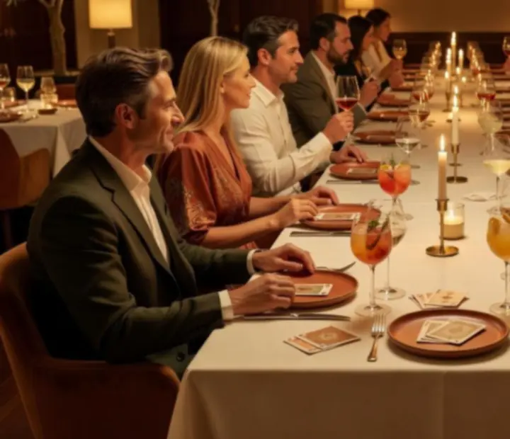 A long supper club dining table set with plates, cocktails and subtle playing cards under candlelight.
