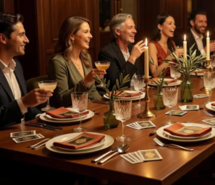 A long candlelit supper table with guests sharing food and cards used as subtle table accents