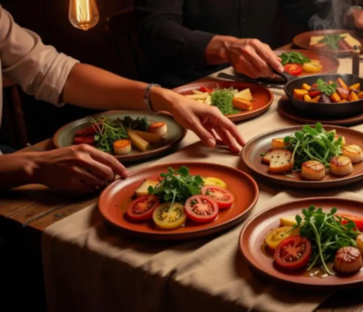 A selection of tasting plates arranged for sharing in the centre of a table.